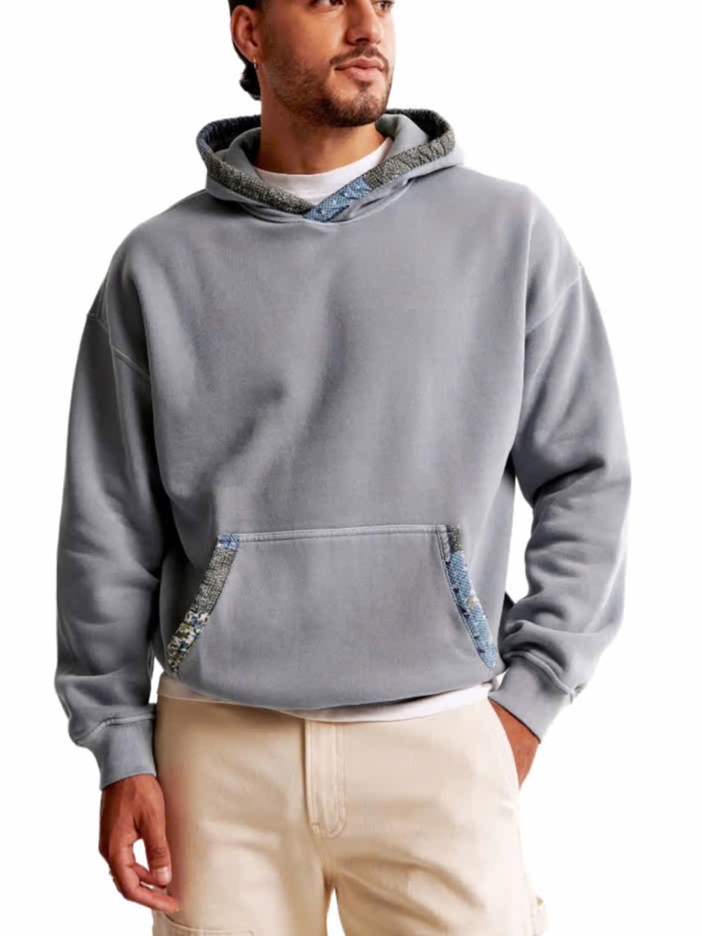Abercrombie & Fitch Gray Hooded Sweatshirt with Pattern Trim